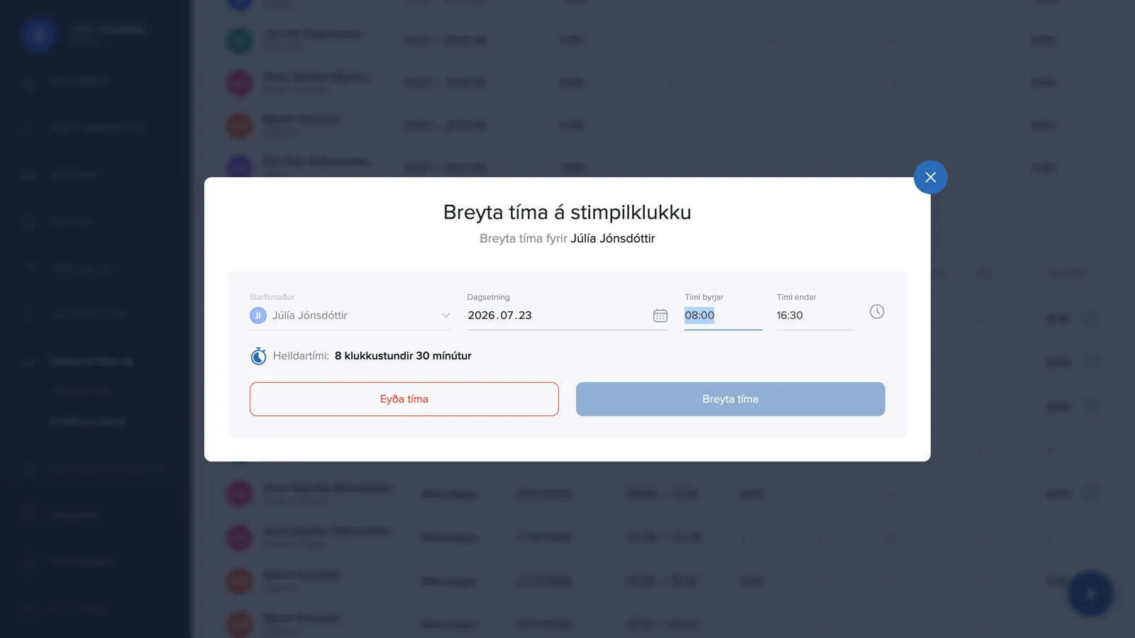 Breyta eða eyða tíma á stimpilklukku