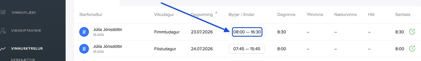 Smelltu á tímana í Byrjar/Endar-dálknum