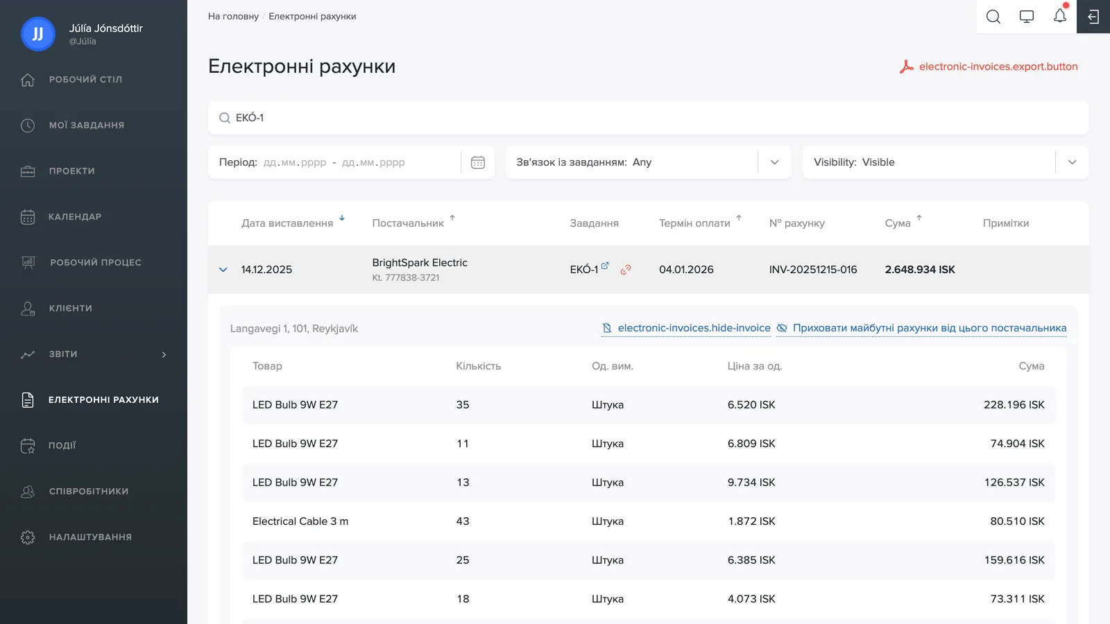 Відкритий рахунок із товарними рядками
