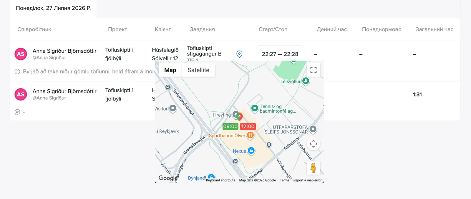 Карта з місцезнаходженням відмітки приходу та виходу