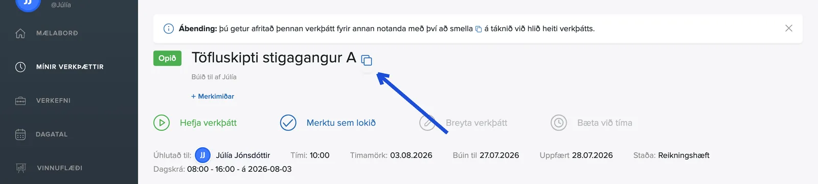 Ábendingin og afritunartáknið við heiti verkþáttarins