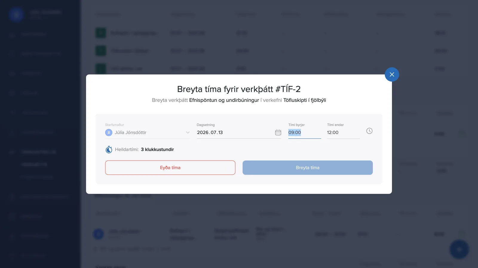 Breyta tíma á verkþætti